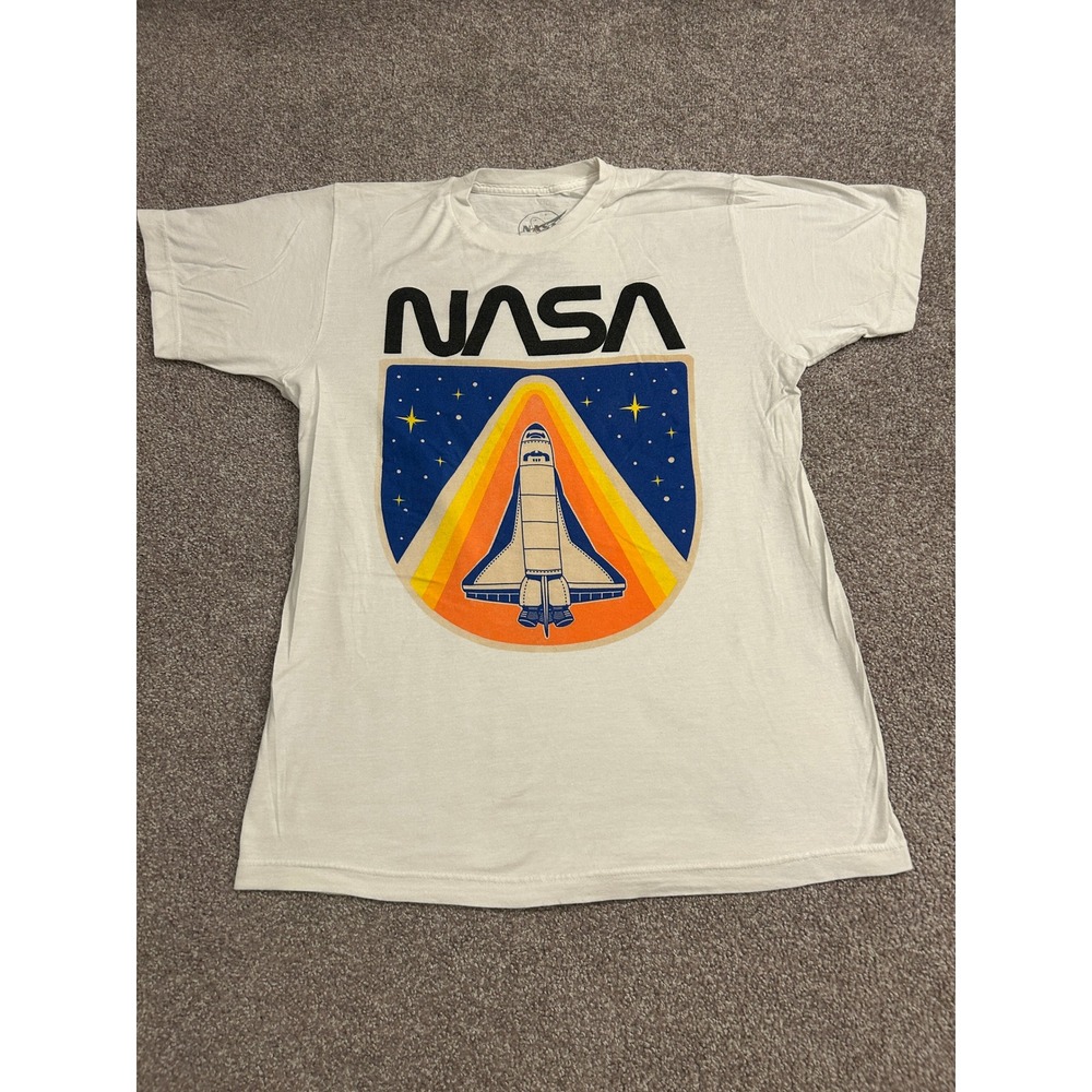 NASA Space Shuttle Graphic Tee Mens Medium White Excellent Retro Worm Logo Shirt